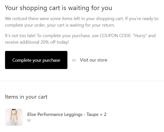 Shopify cart abandonment email with a 20% off discount
