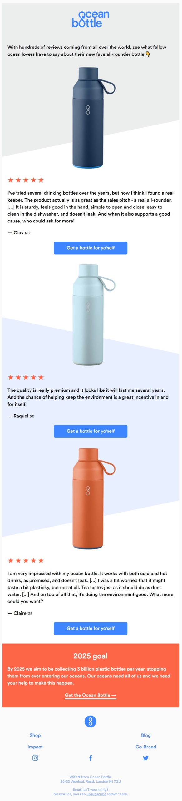 Welcome email from Ocean Bottle