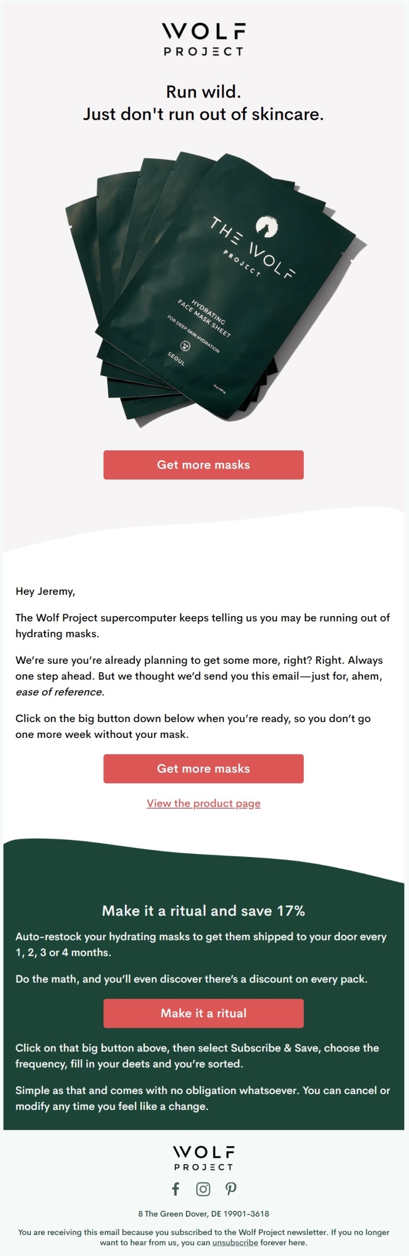 Replenishment email from Wolf Project